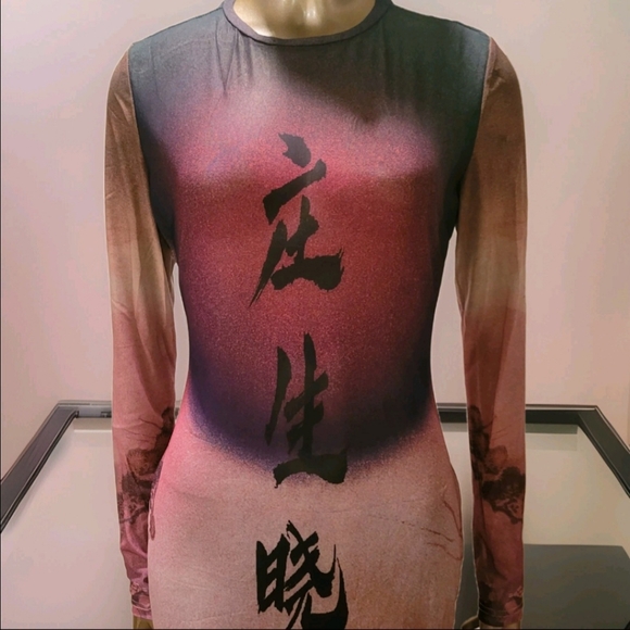 NWT Round Collar Oriental Text Print Mesh Bodycon Midi Dress Sz M - Picture 6 of 16